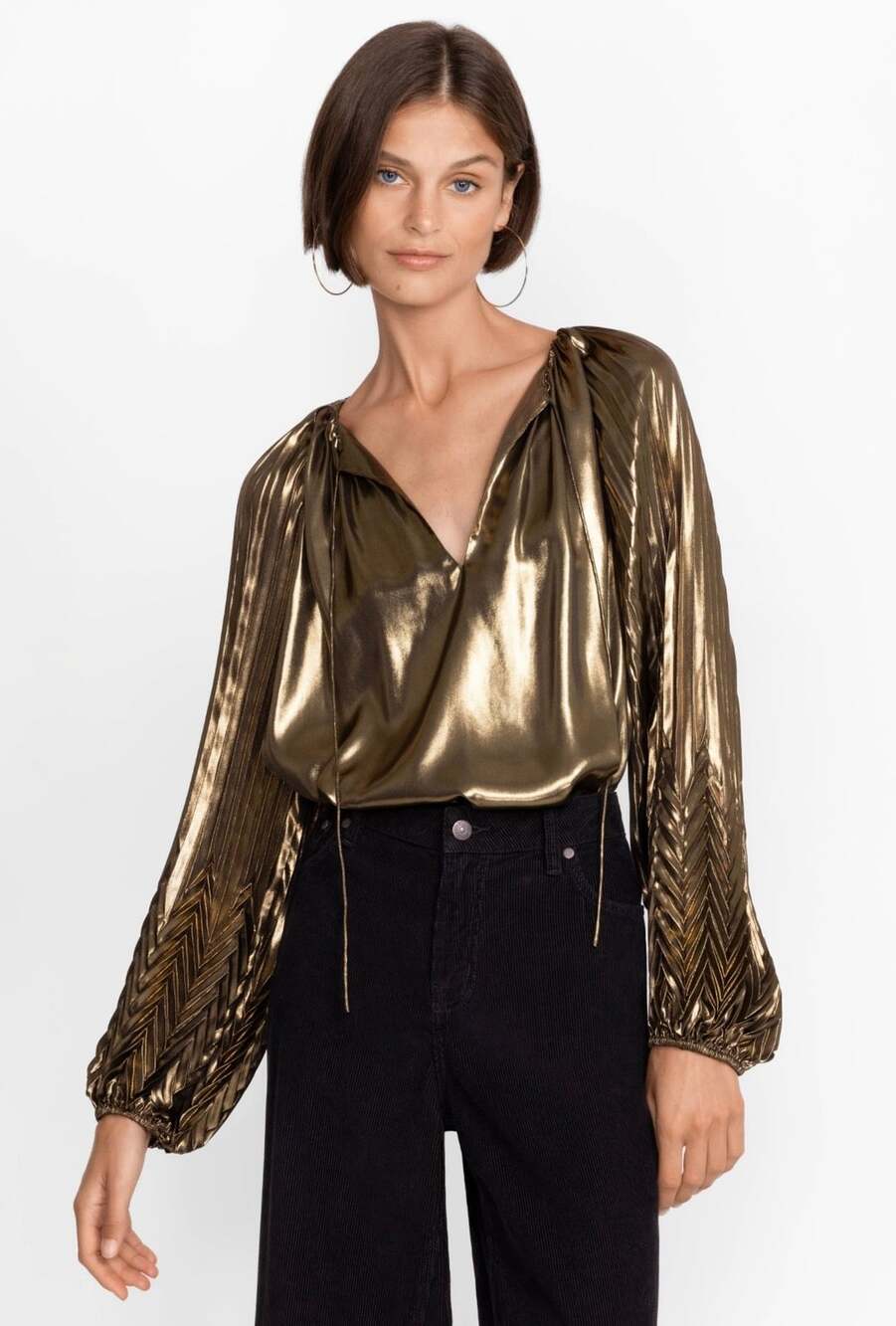 Johnny Was Jade Golden Gem Pleated Blouse Size M Metallic Gold Tie Neck